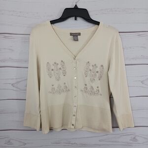 Chic and Versatile Kenar Ivory Cream Beaded Embellished Cardigan Sweater Top